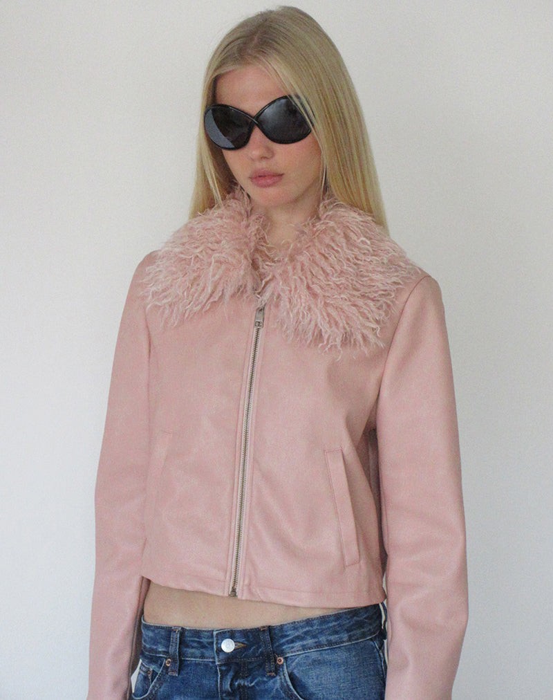 Saku Jacket in PU Dusty Pink with Faux Fur Collar view 4