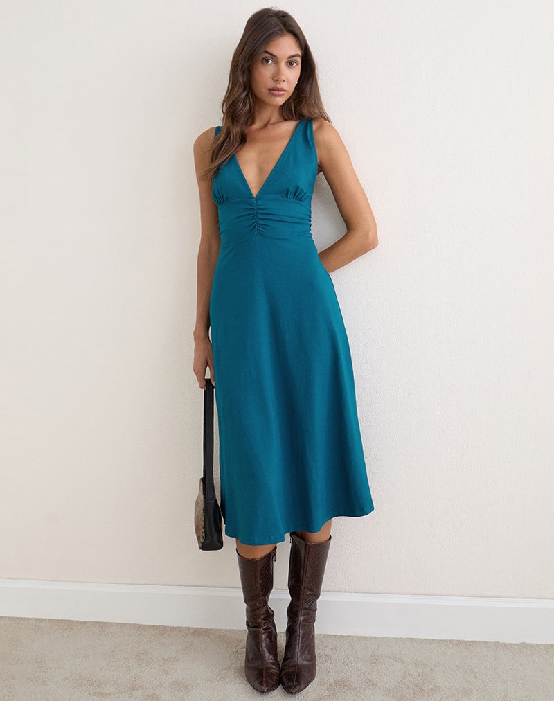 Nunzia Ruched Midi Dress in Rayon Jersey Dark Teal view 3
