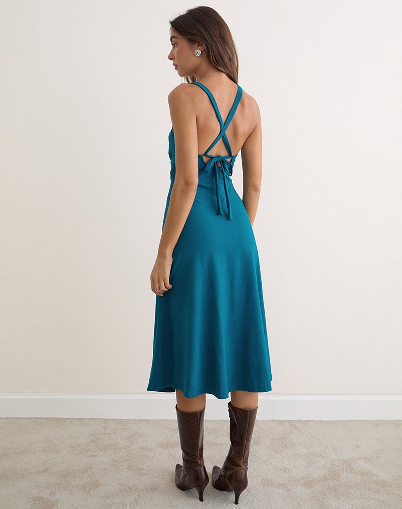 Nunzia Ruched Midi Dress in Rayon Jersey Dark Teal view 4