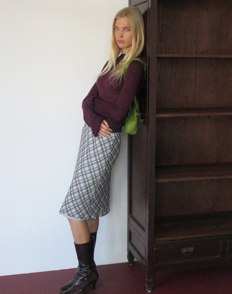 Azila Midi Skirt in Chiffon Blue and Brown Check view 4