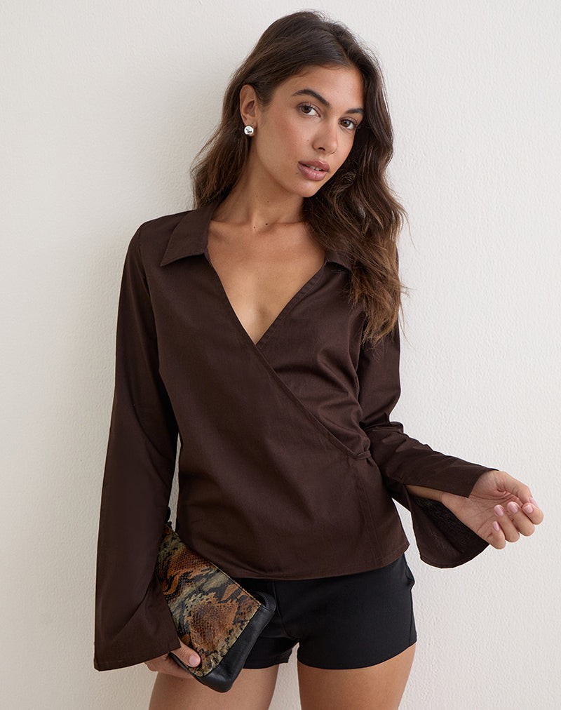 Rakto Wrap Side Shirt in Poplin Bitter Chocolate view 4